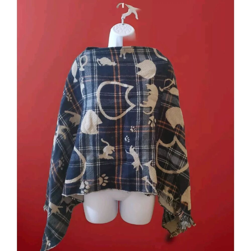 LOF In New York Women's Poncho Plaid With Cats Design Navy NWT Small/Medium Boho